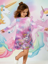 1pc Girls Young Girl Cute Casual Colorful Cartoon Unicorn & Heart Graphic Print Long Sleeve Dress, Everyday Wear